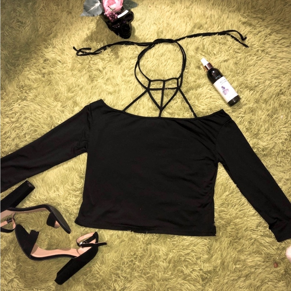 Black mid sleeve off the shoulder crop top with neck accent